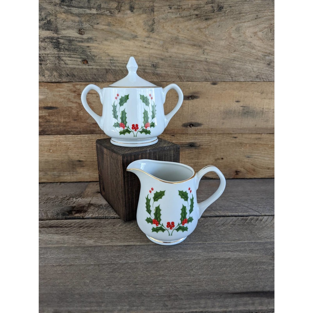 Vtg 1986 Christmas Holly by All The Trimmings Creamer & Sugar Bowl with Lid